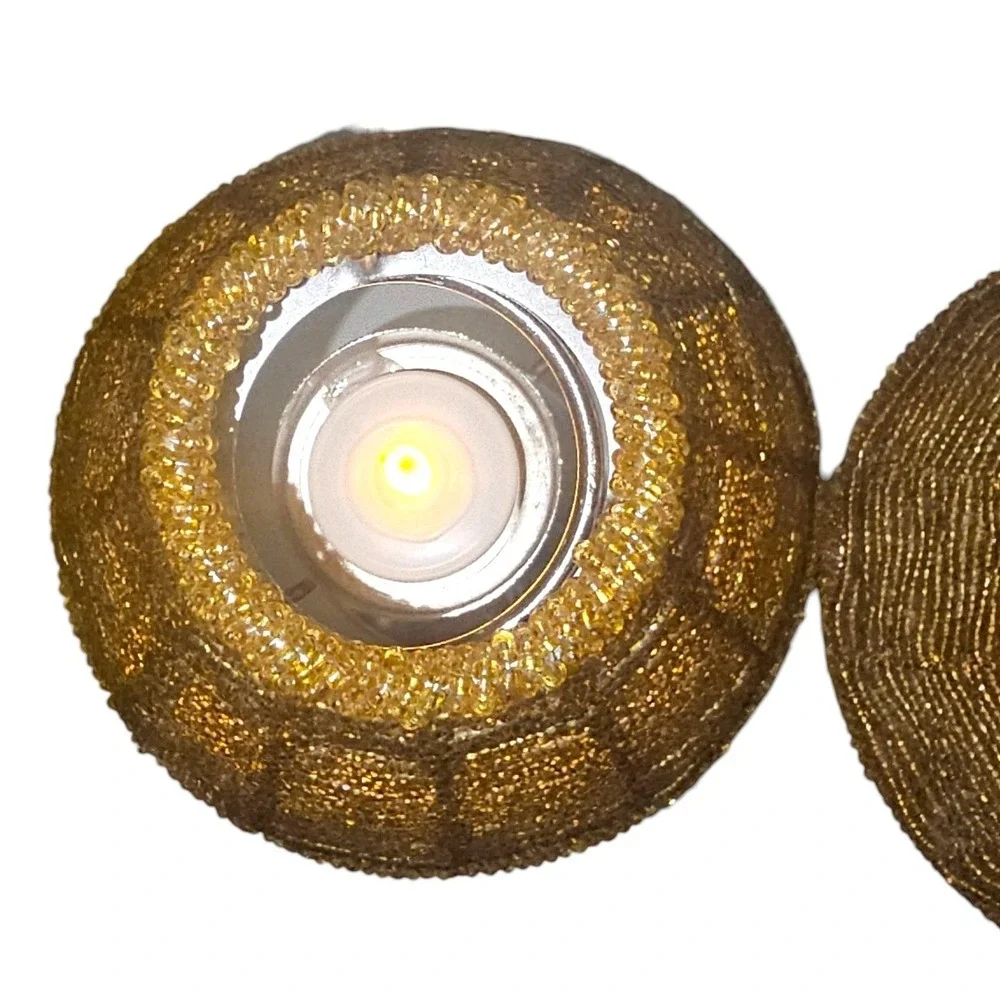 Silver Pedestal Tea Light Candle Holders with Amber Gold Beaded Shades Set of 2
